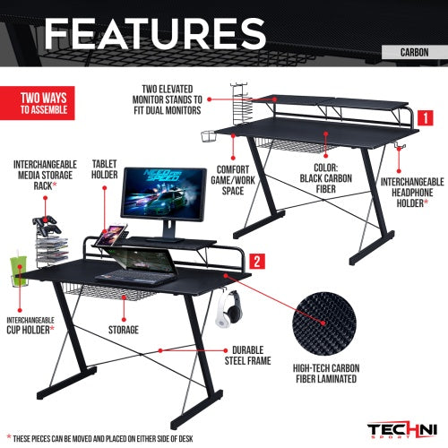 Carbon Fiber Gaming Desk with Monitor Stand & Shelves