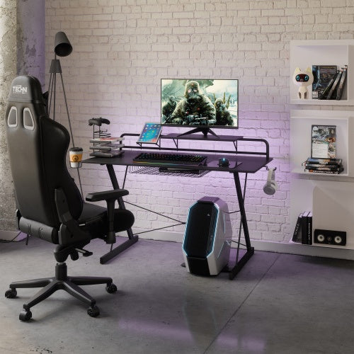 Carbon Fiber Gaming Desk with Monitor Stand & Shelves